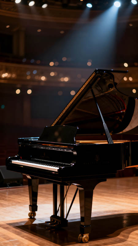 舞台上的黑色三角钢琴特写图片