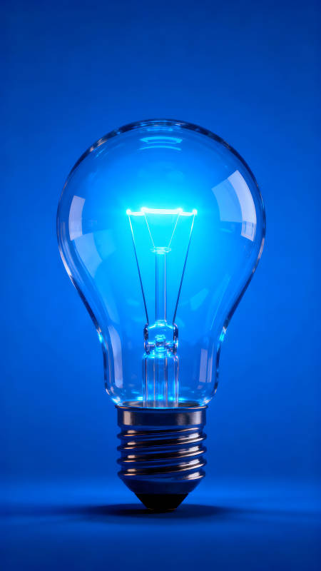 发光的灯泡在蓝色的背景下图片