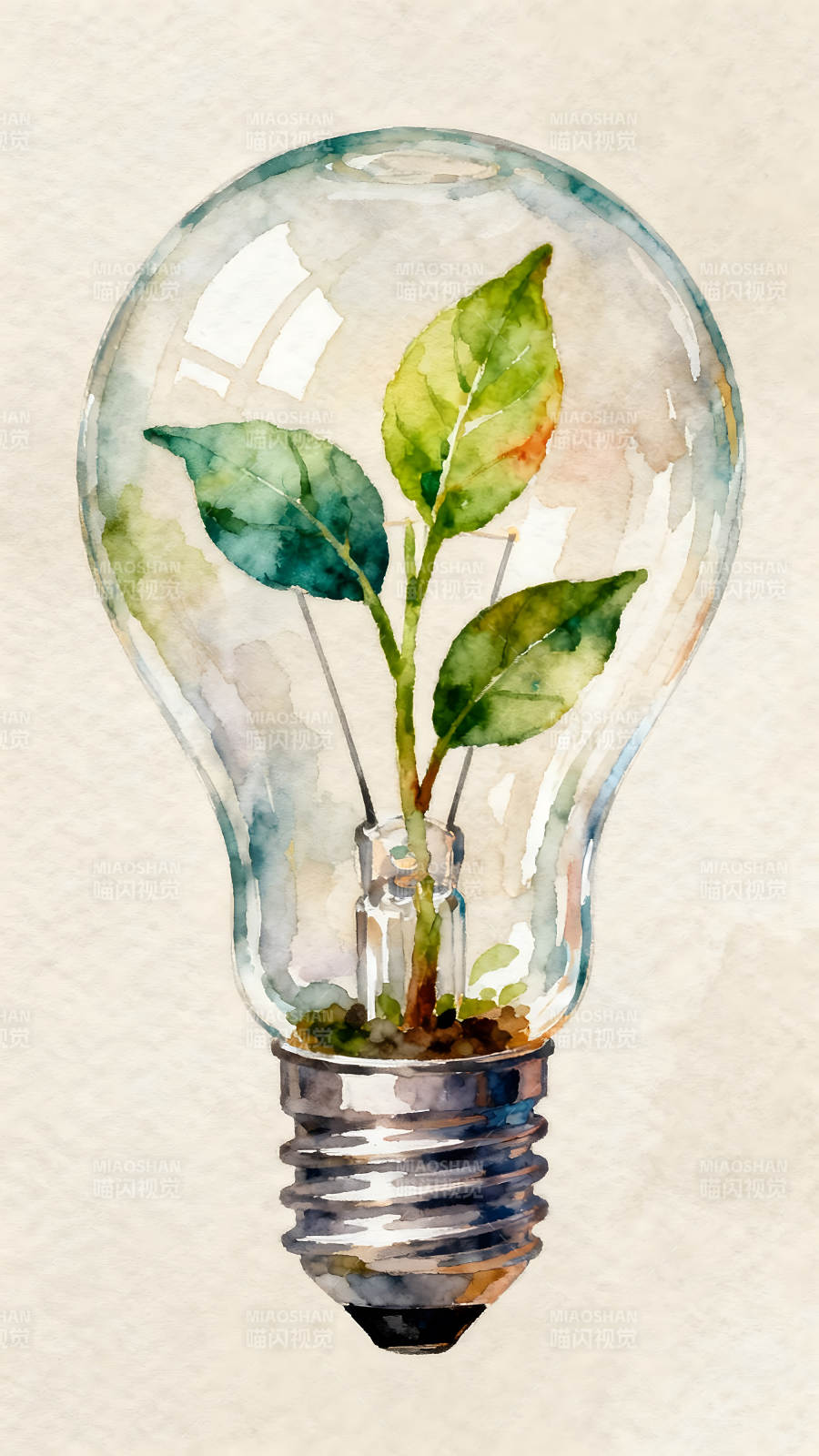 绿植灯泡创意水彩画图片