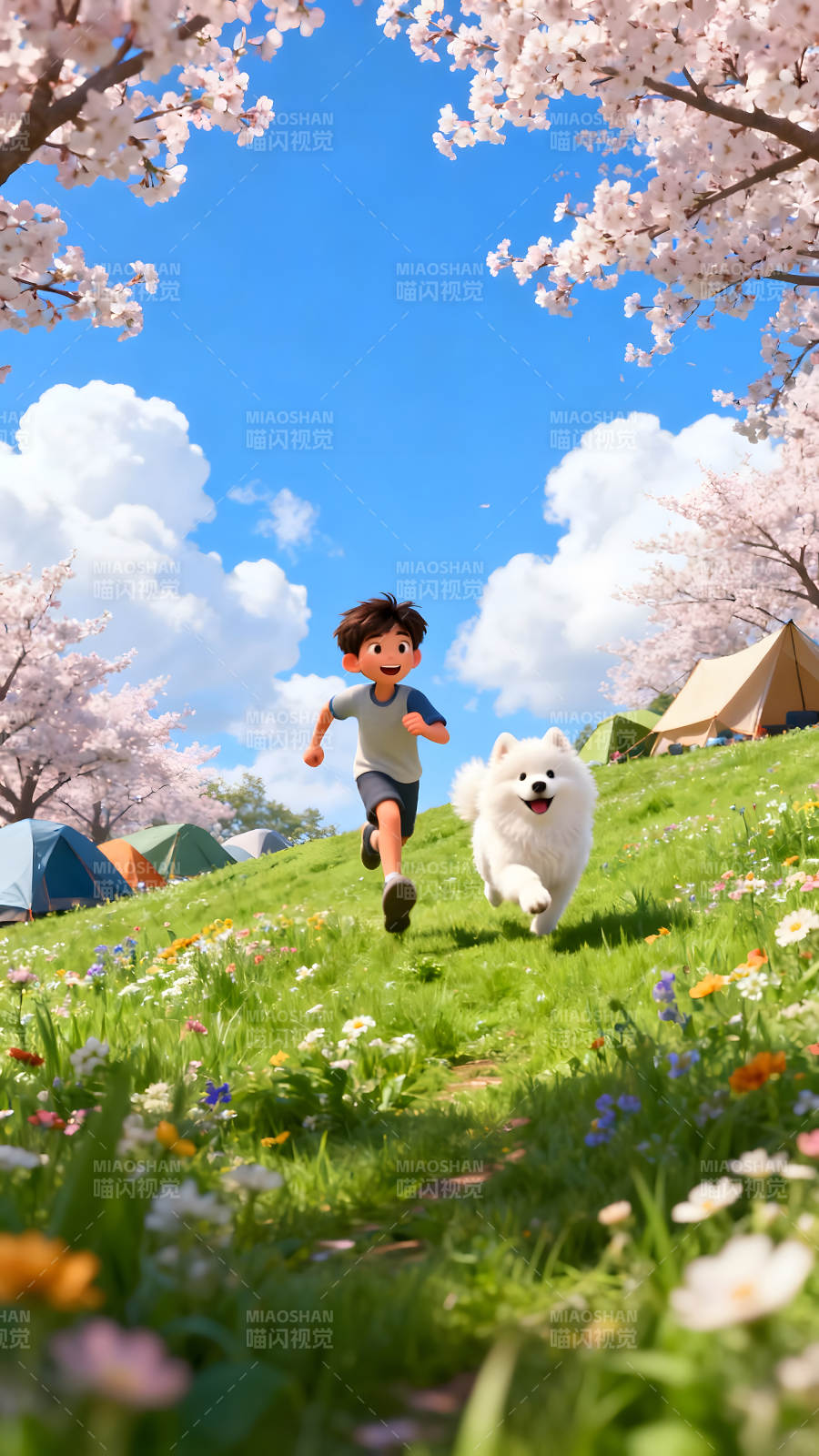 男孩与狗在樱花草地上奔跑图片