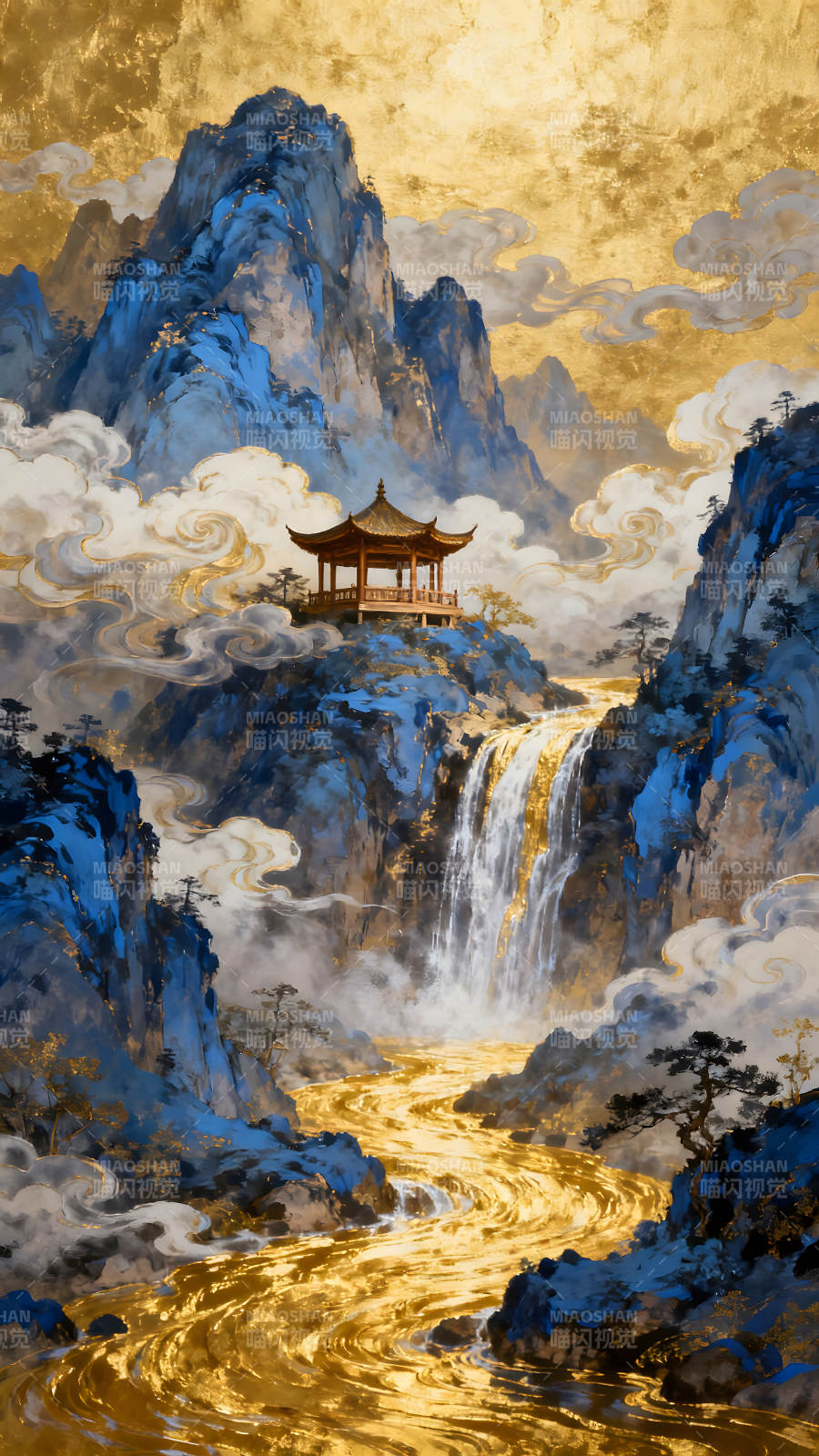 中国风金色瀑布山水画图片