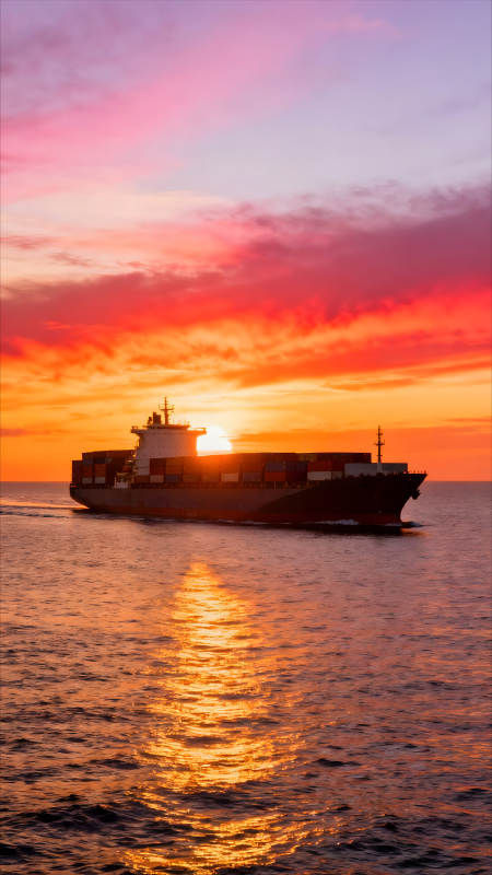 夕阳下航行的货轮图片