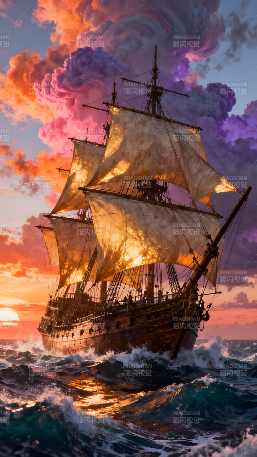海盗船航行在日落时分的壮丽景象图片