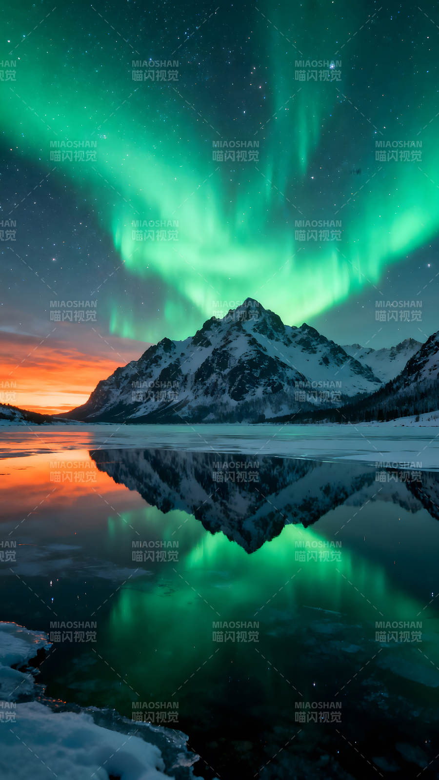 极光映雪山倒影夜空奇景图片