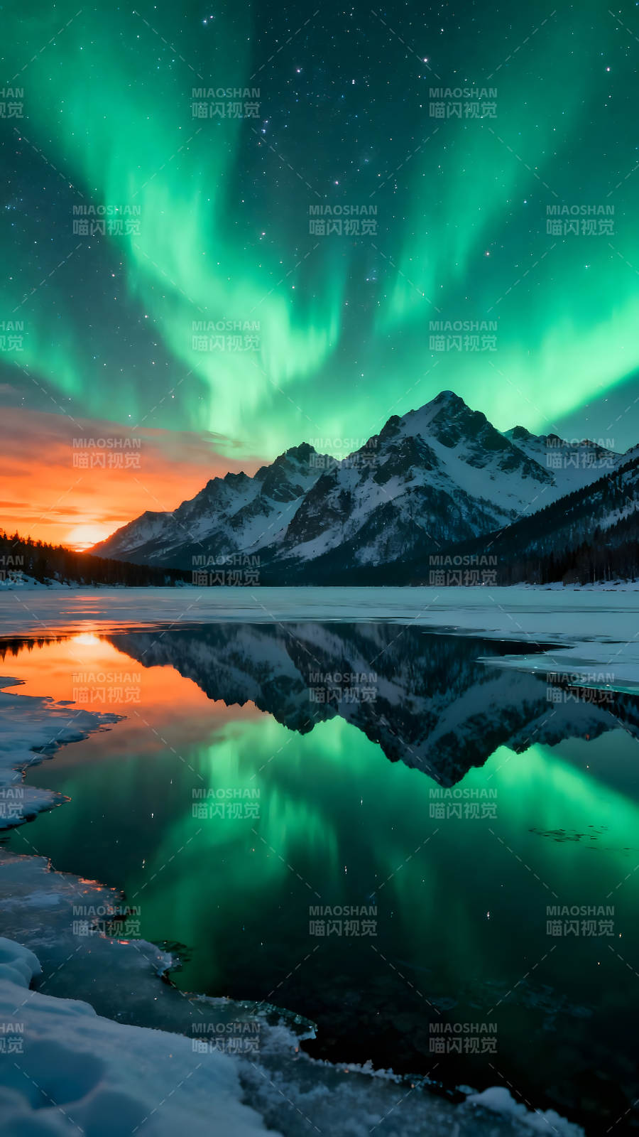 极光映衬雪山与湖泊静谧而壮丽的自然风光图片