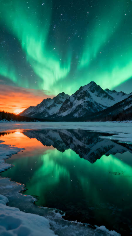 极光映衬雪山与湖泊静谧而壮丽的自然风光图片