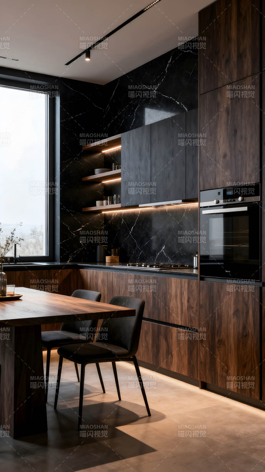 现代风格厨房设计木质与黑色元素结合图片