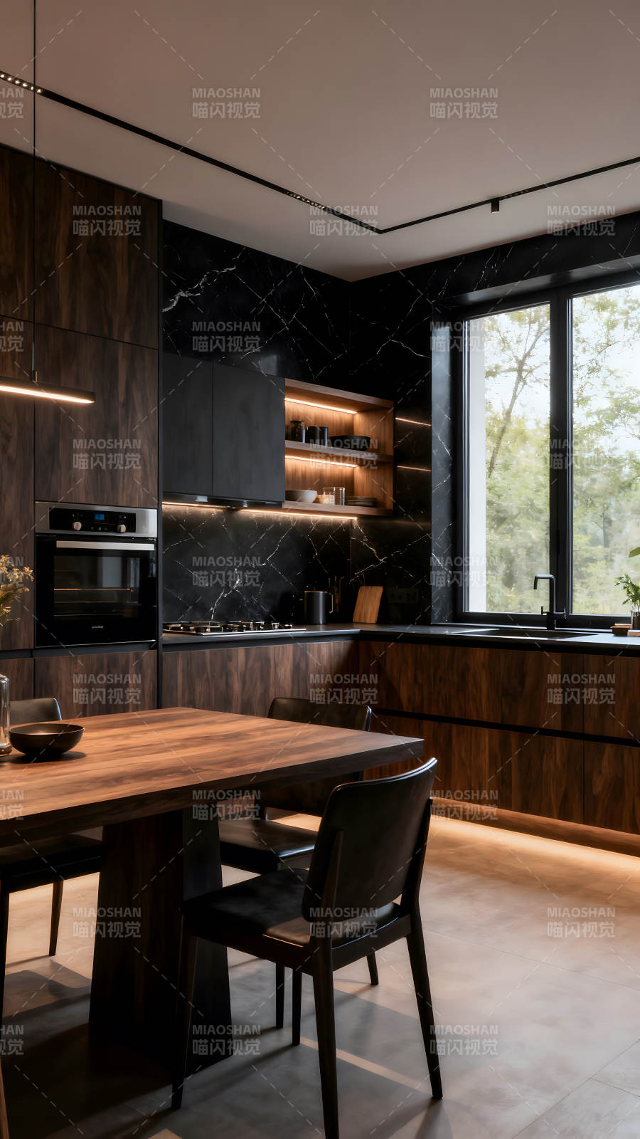 现代厨房设计深色木质与大理石搭配图片