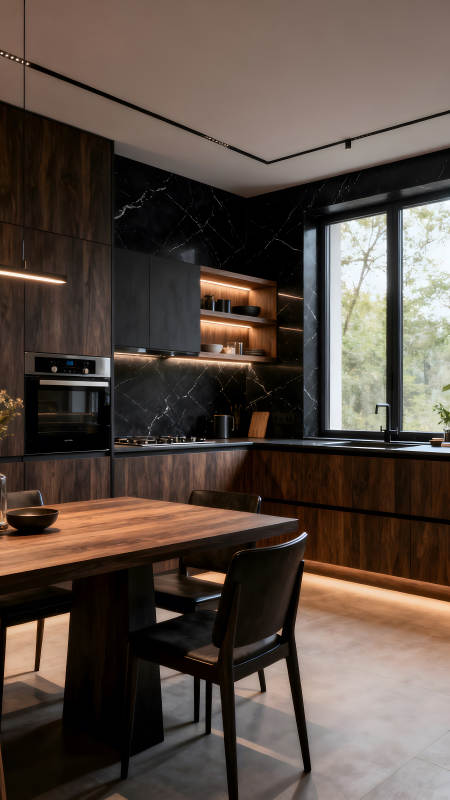 现代厨房设计深色木质与大理石搭配图片