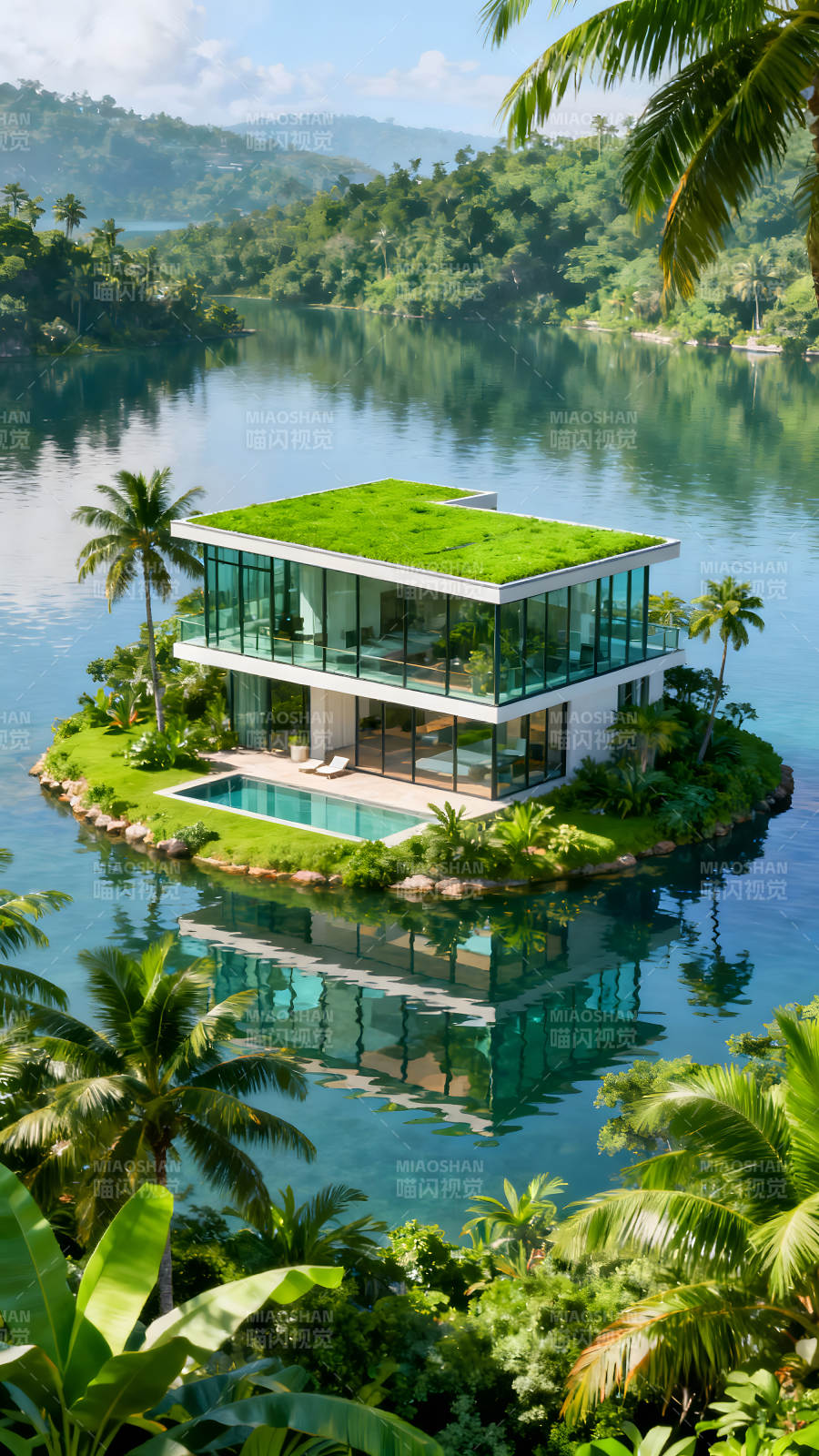 岛屿别墅风光碧波荡漾美景图片