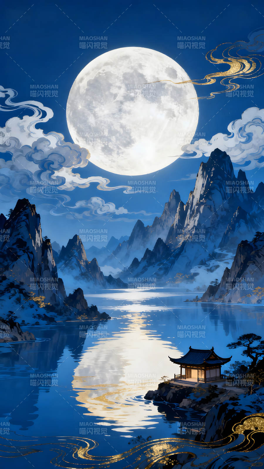 月夜山水画图片