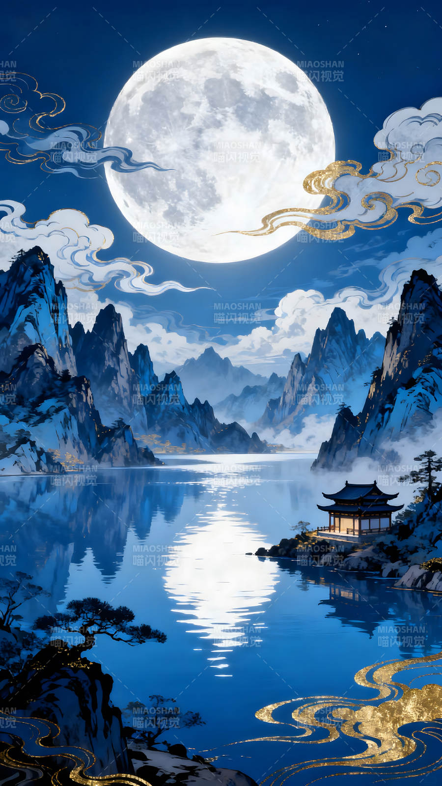 月夜山水亭台景色图片