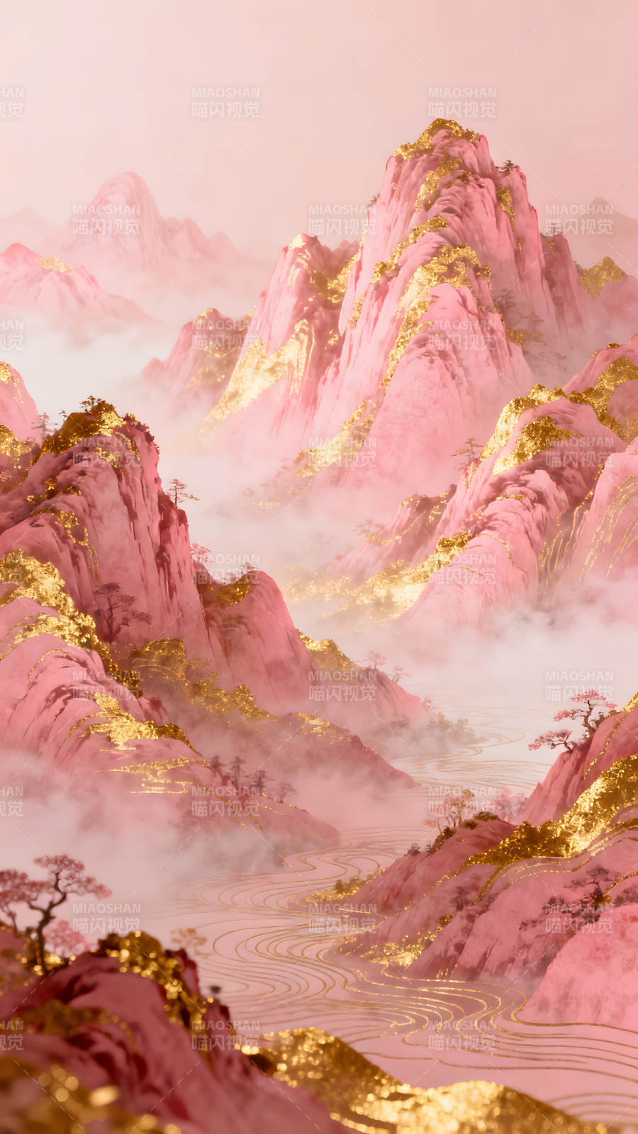 粉色山水画金色点缀仙境般意境图片