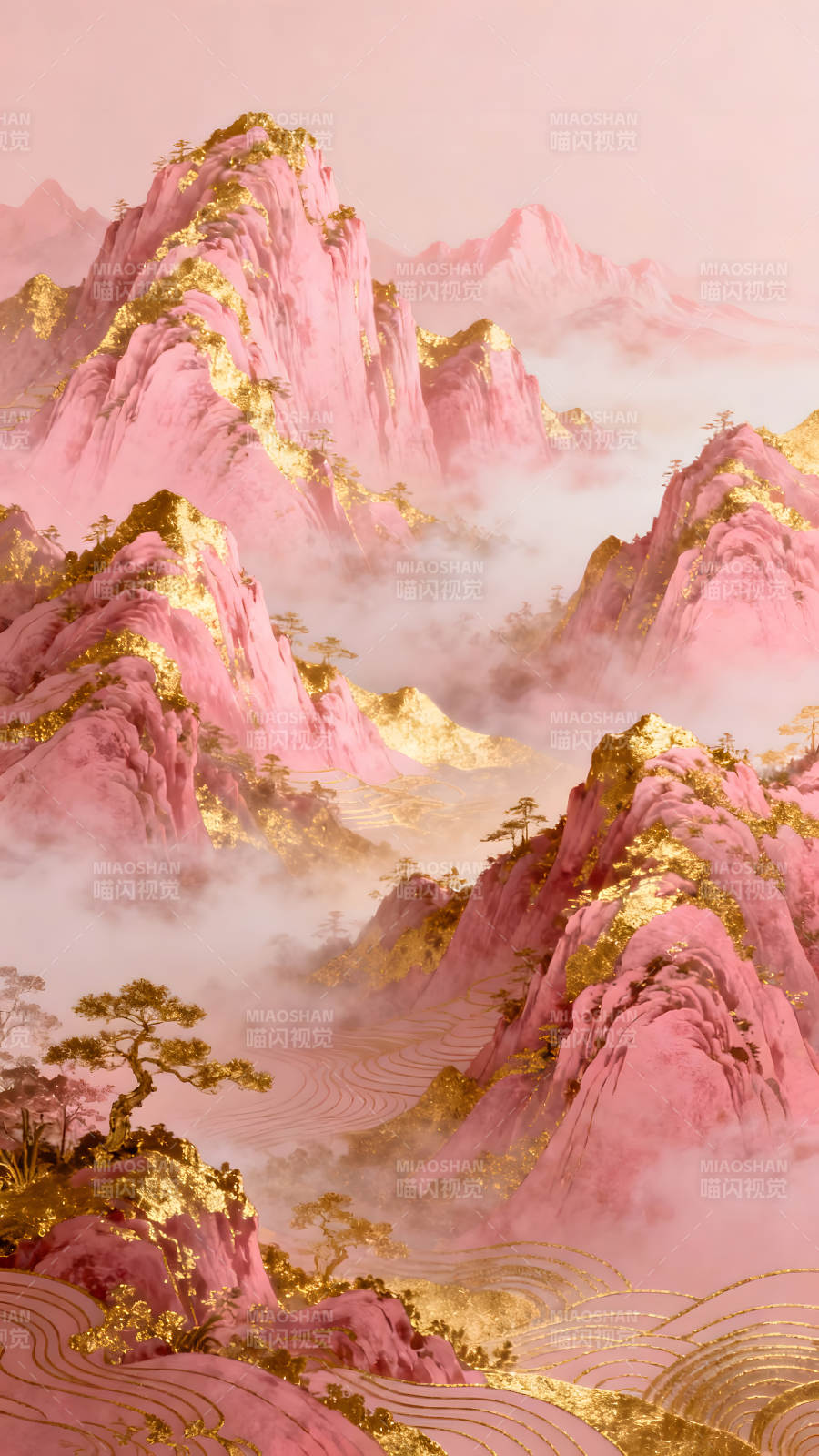 粉色山峦与金色纹理交织的仙境图片