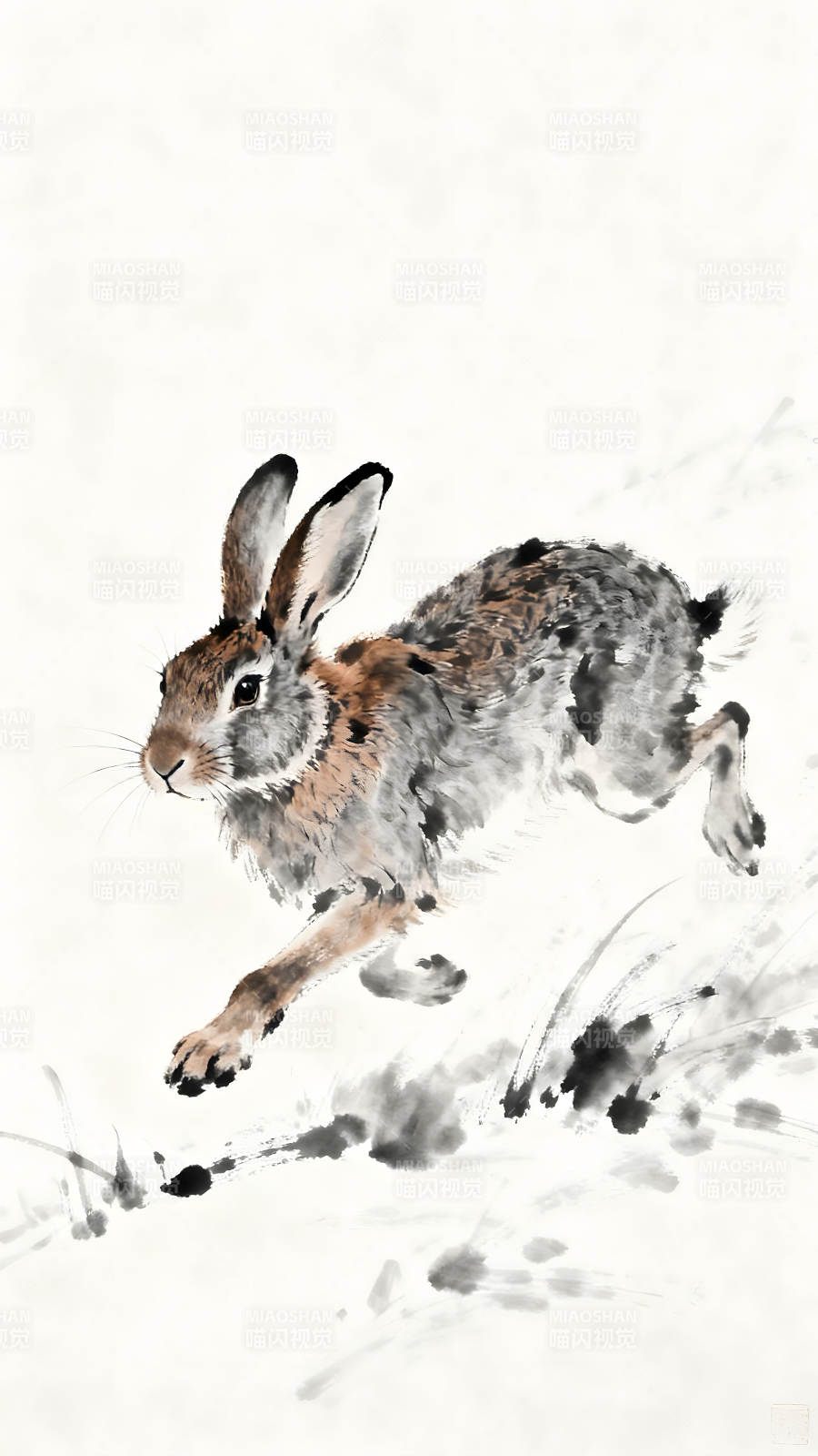 水墨风格的奔跑兔子图片