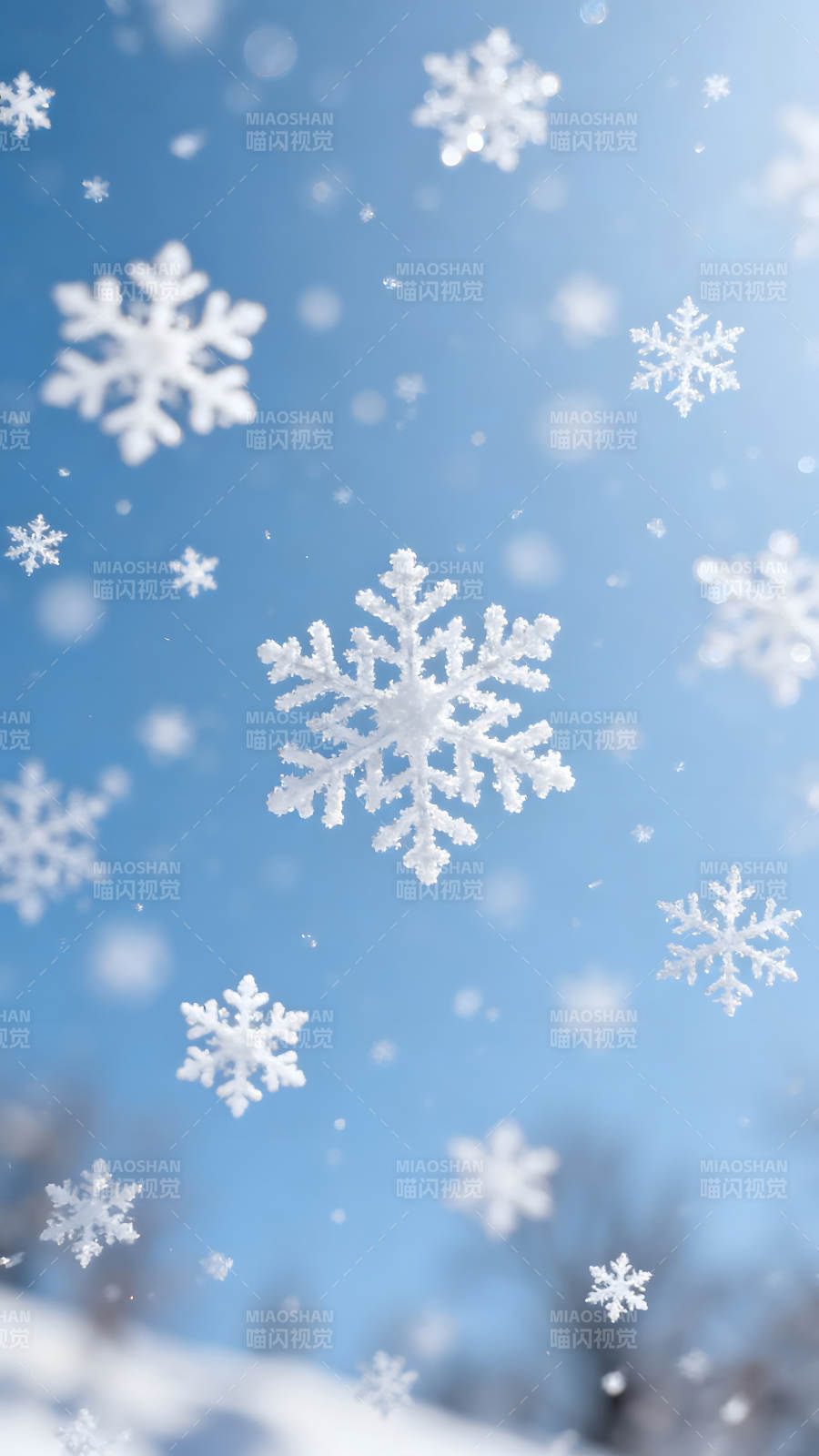 雪花飞舞蓝天背景梦幻景象图片