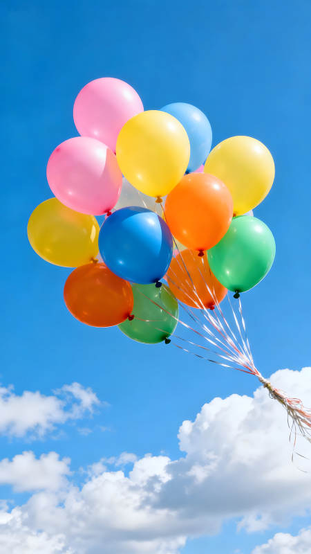 彩色气球在蓝天白云中飘扬图片