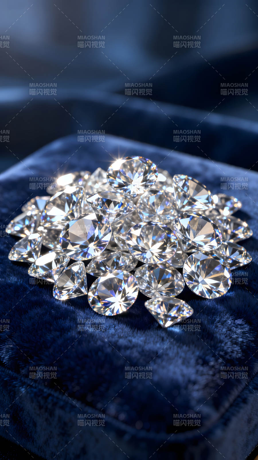 璀璨钻石堆积于蓝色丝绒之上图片