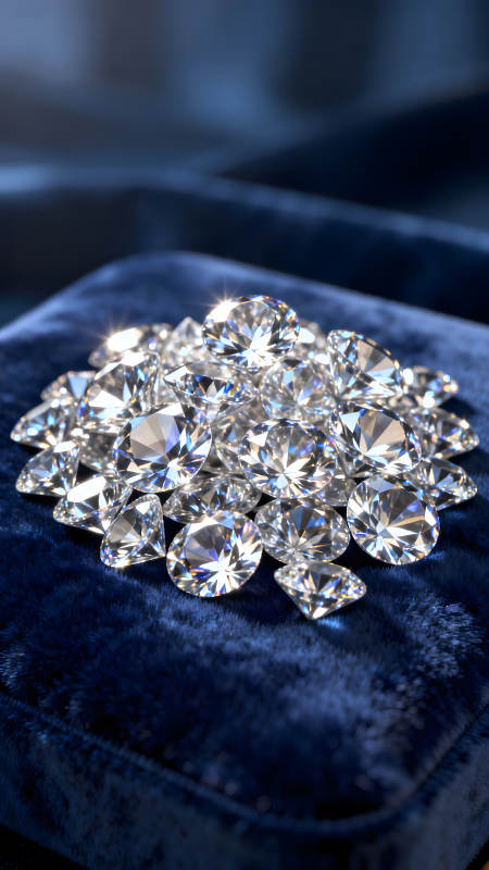 璀璨钻石堆积于蓝色丝绒之上图片