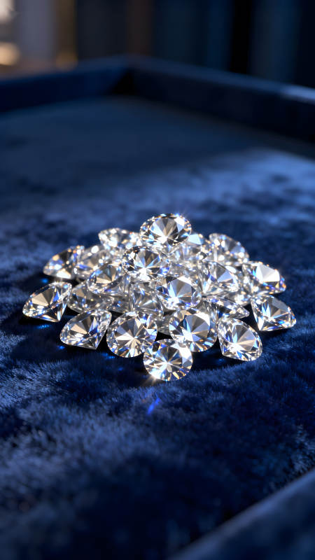 钻石堆积在蓝色天鹅绒上图片