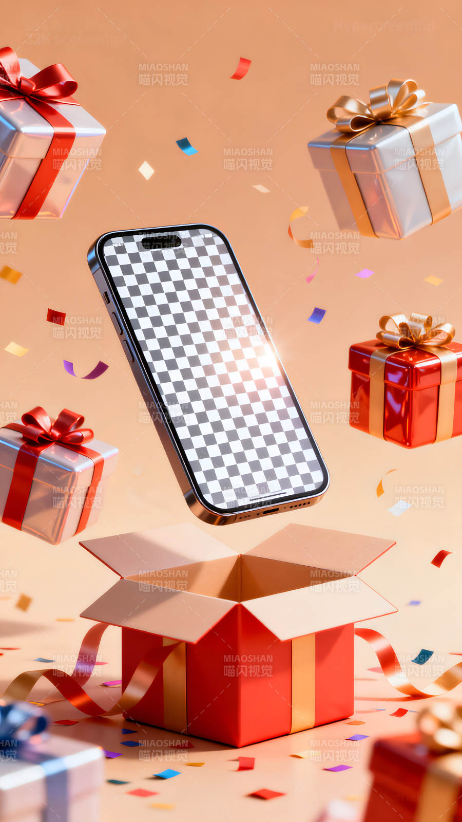 礼物与手机悬浮的庆祝场景图片