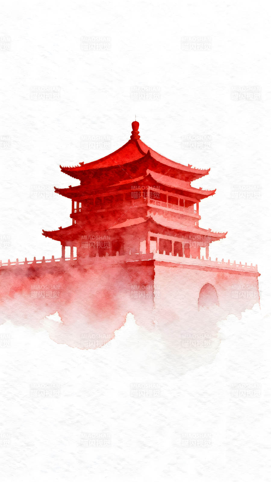 水彩风格的中国古建筑图片