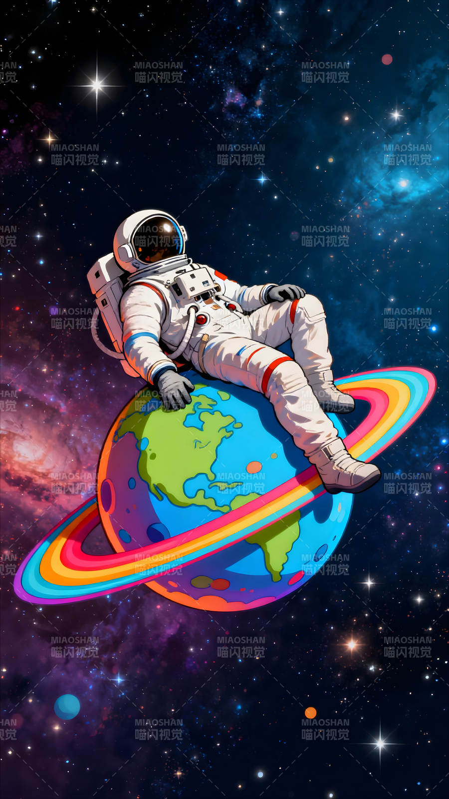 宇航员休憩于彩虹星球之上图片