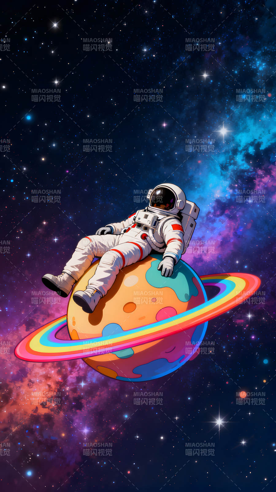 宇航员躺在彩虹星球上放松图片