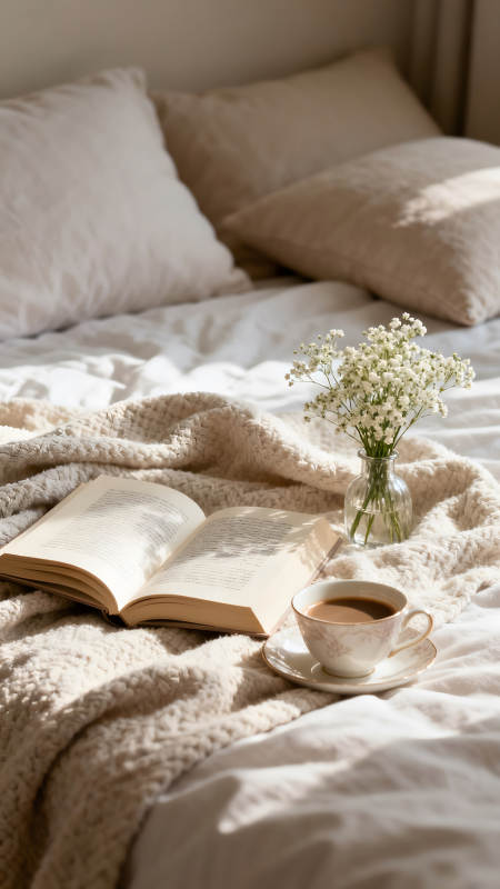 舒适惬意的床上时光阅读放松图片