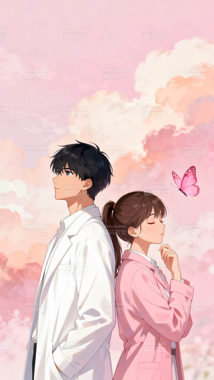 情侣背靠背看天空蝴蝶飞舞图片