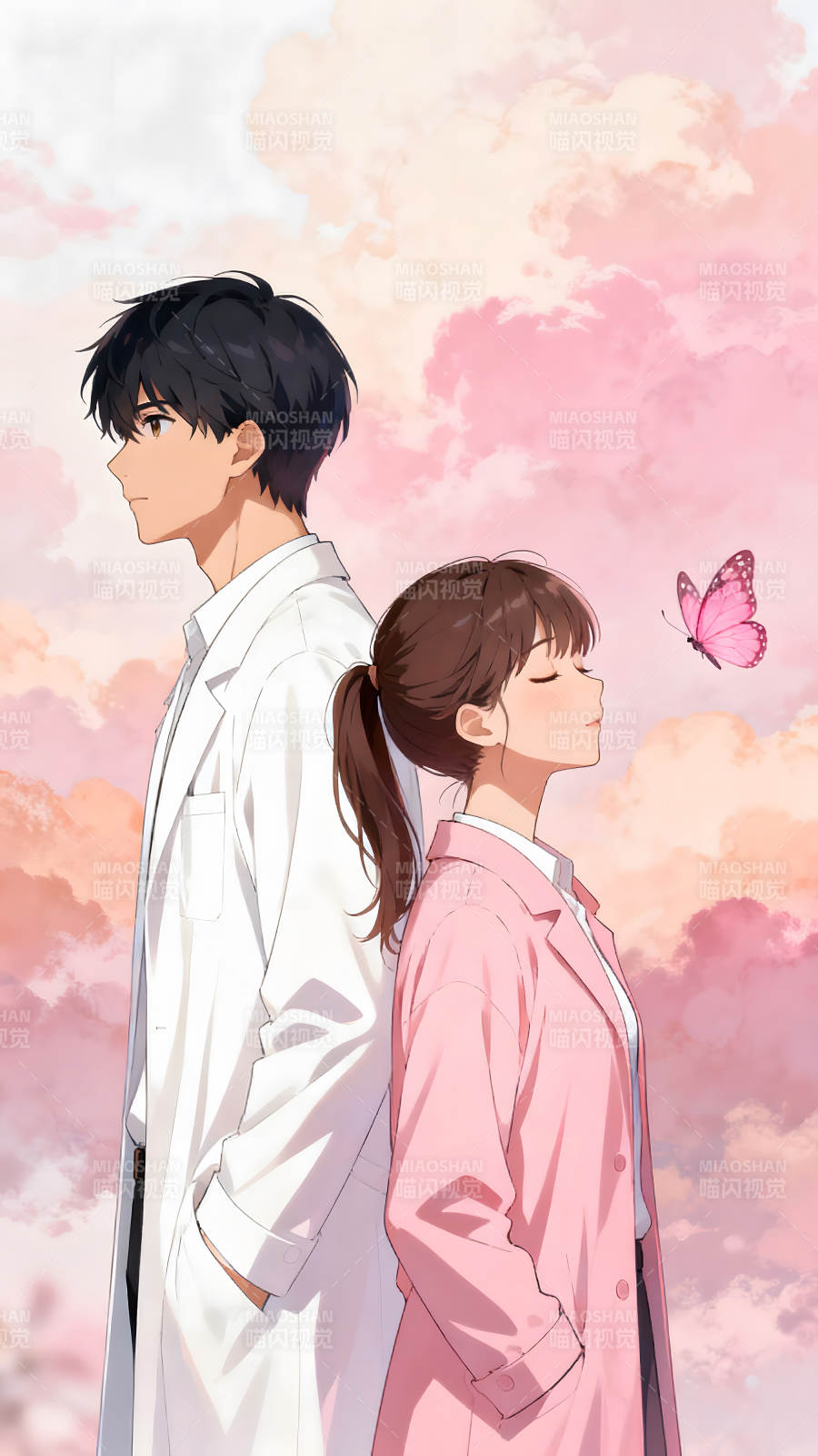 动漫情侣甜蜜相依背景粉色云朵蝴蝶图片