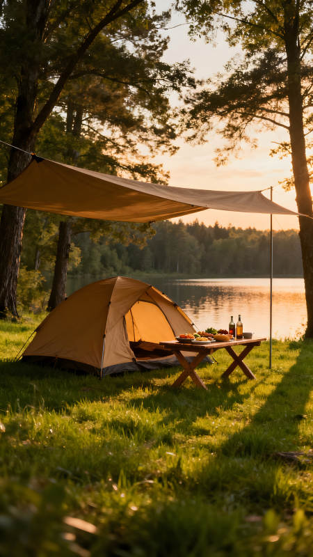 湖畔露营的温馨场景图片