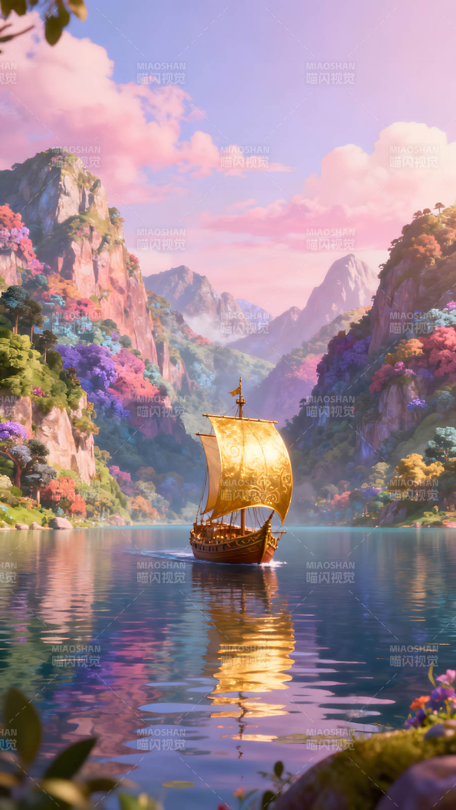 金色帆船航行于湖泊山川之间图片