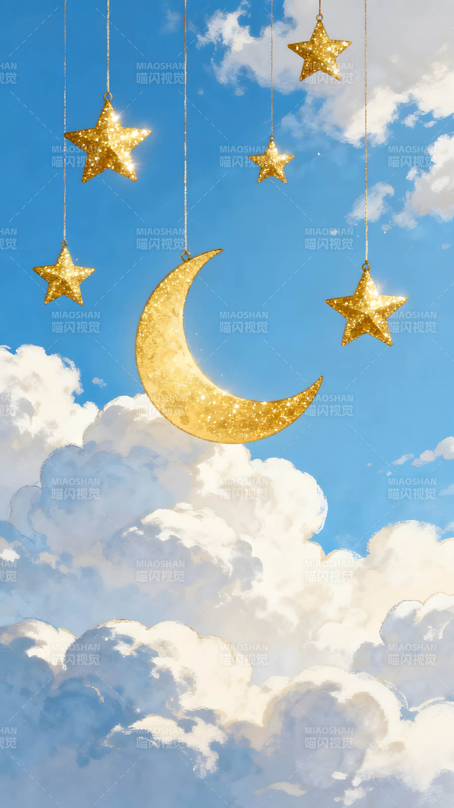 金色的月亮和星星点缀蓝天图片