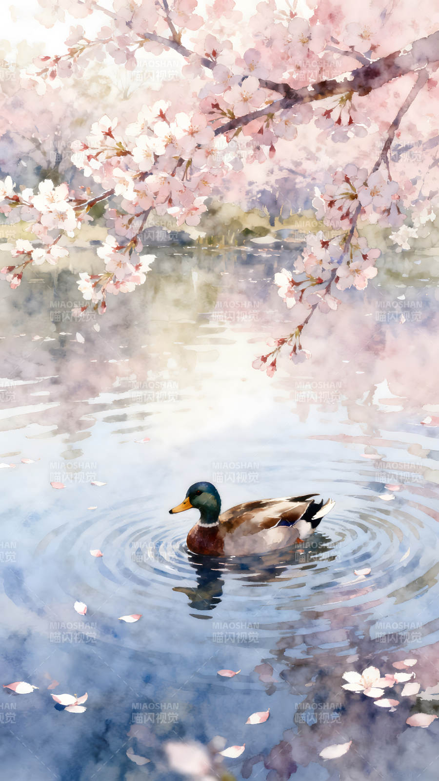 樱花湖畔野鸭嬉戏图片