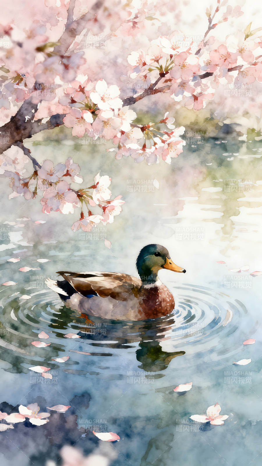 水彩樱花鸭子图片