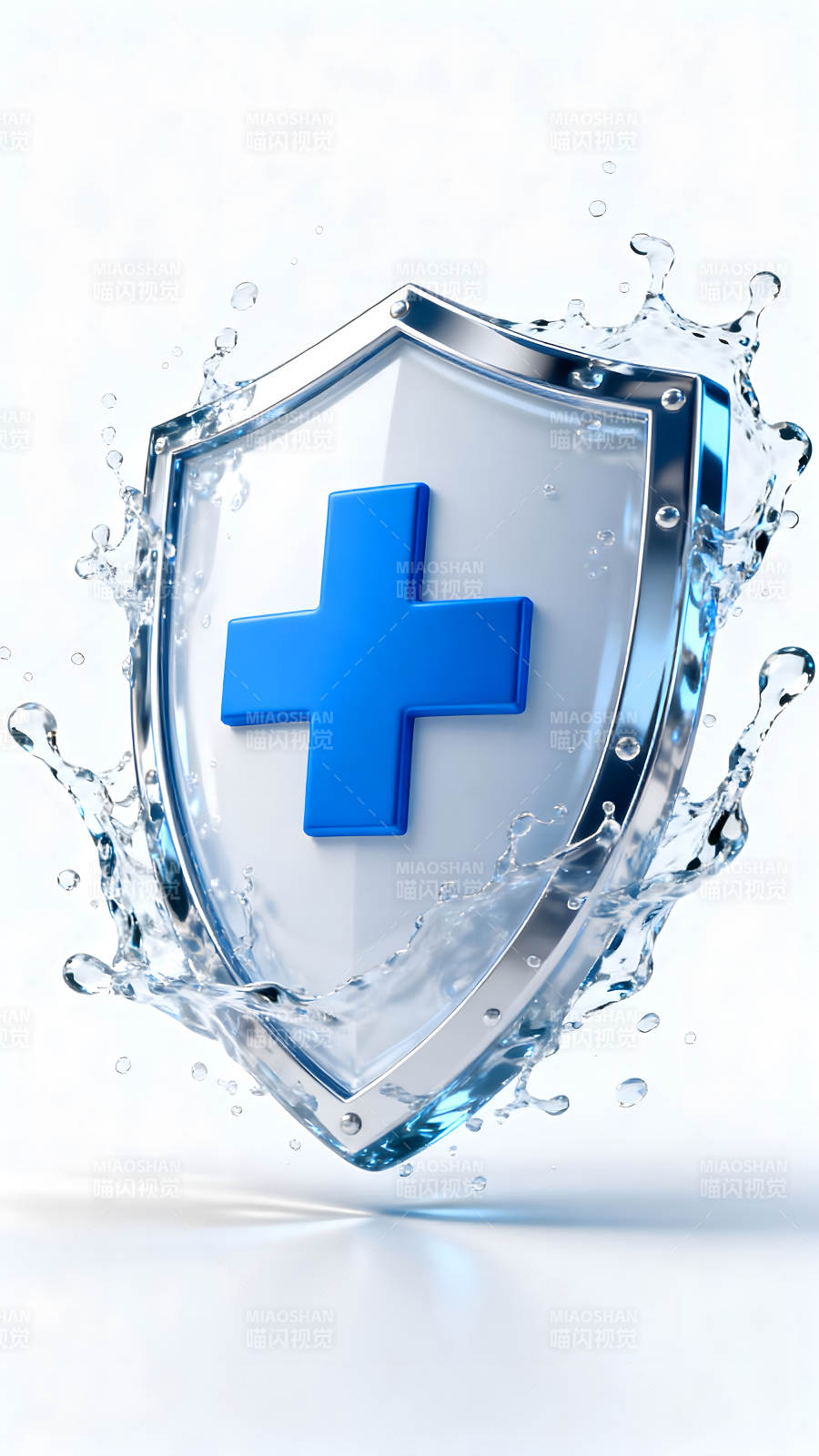 蓝色十字盾牌水花四溅防护图片