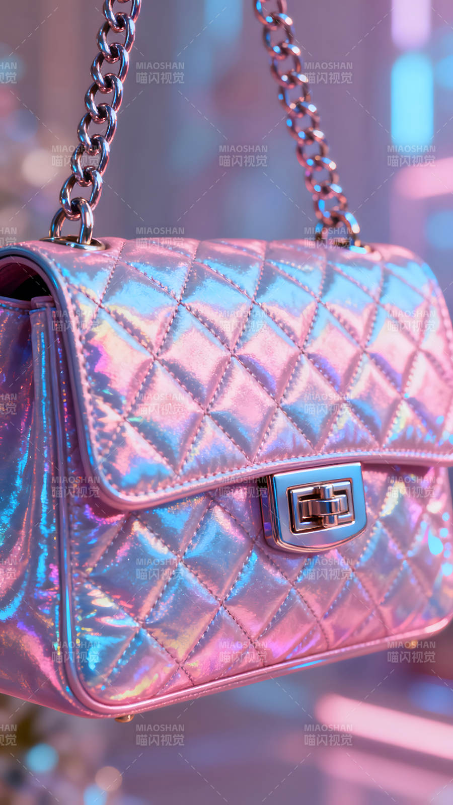 粉色珠光菱格链条包唯美光影图片