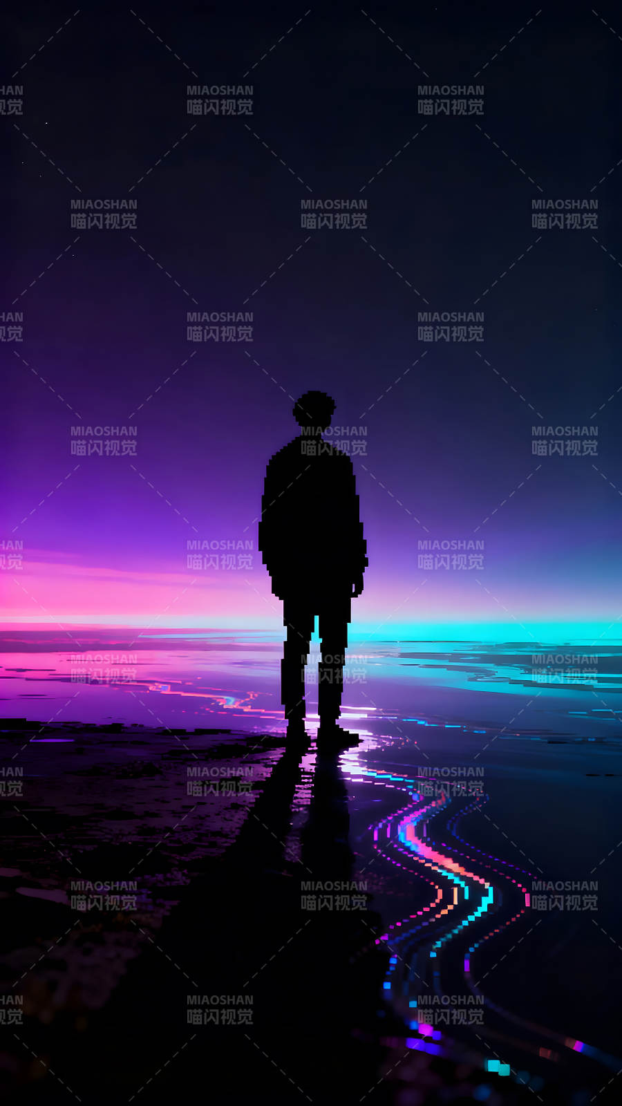 像素人剪影立于霓虹幻彩之境图片