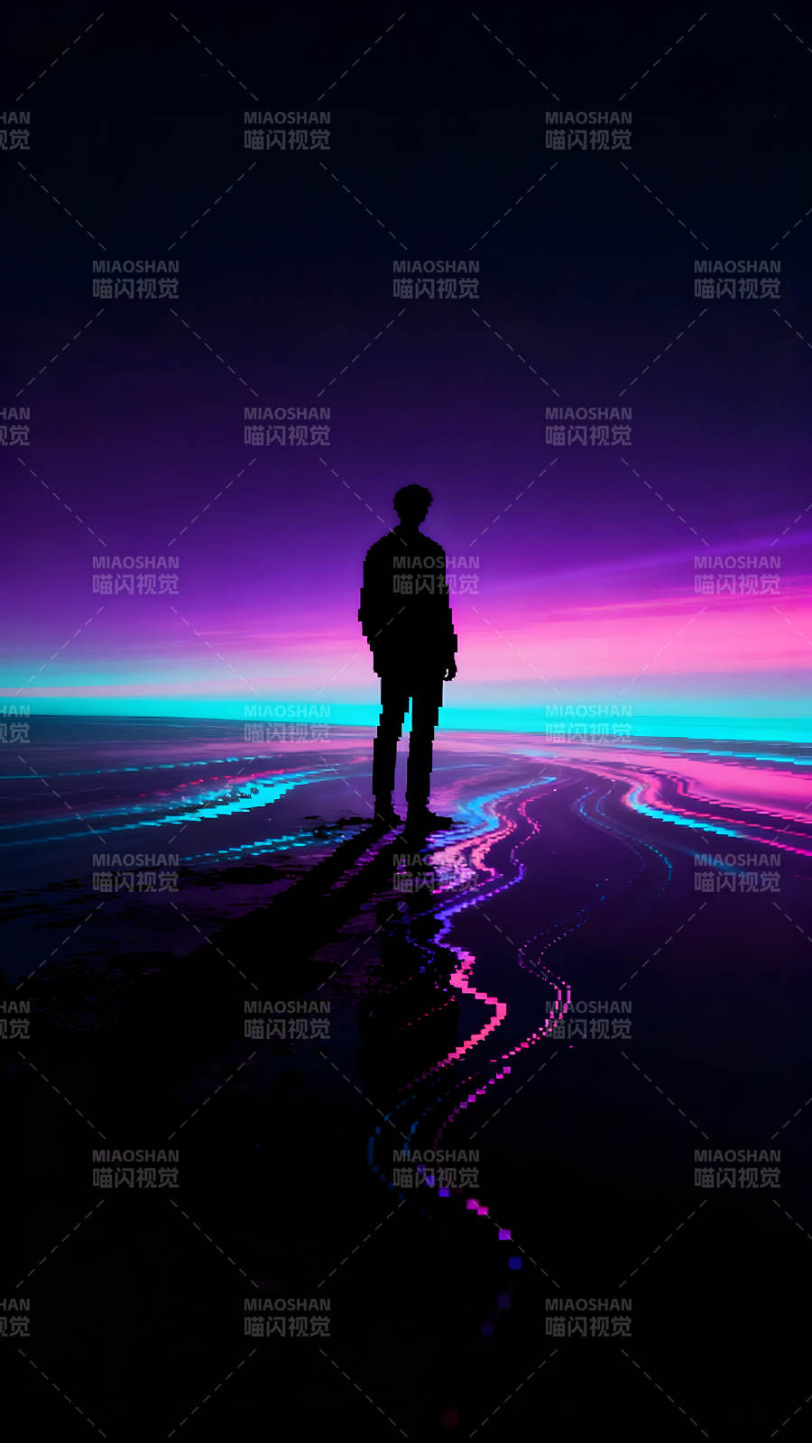 人影伫立幻彩海滩夜空图片