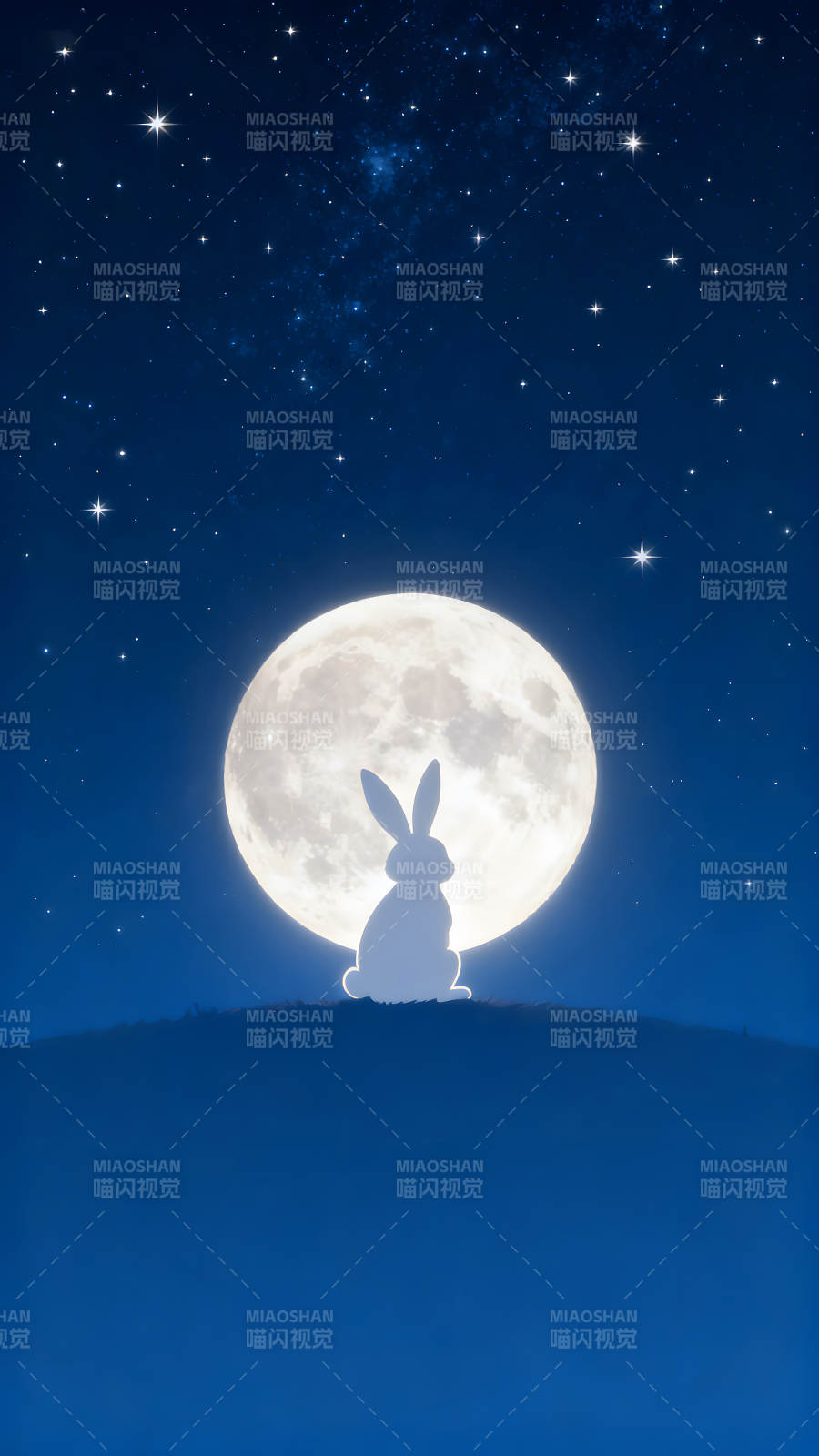 兔子赏月星空背景皎洁月亮图片