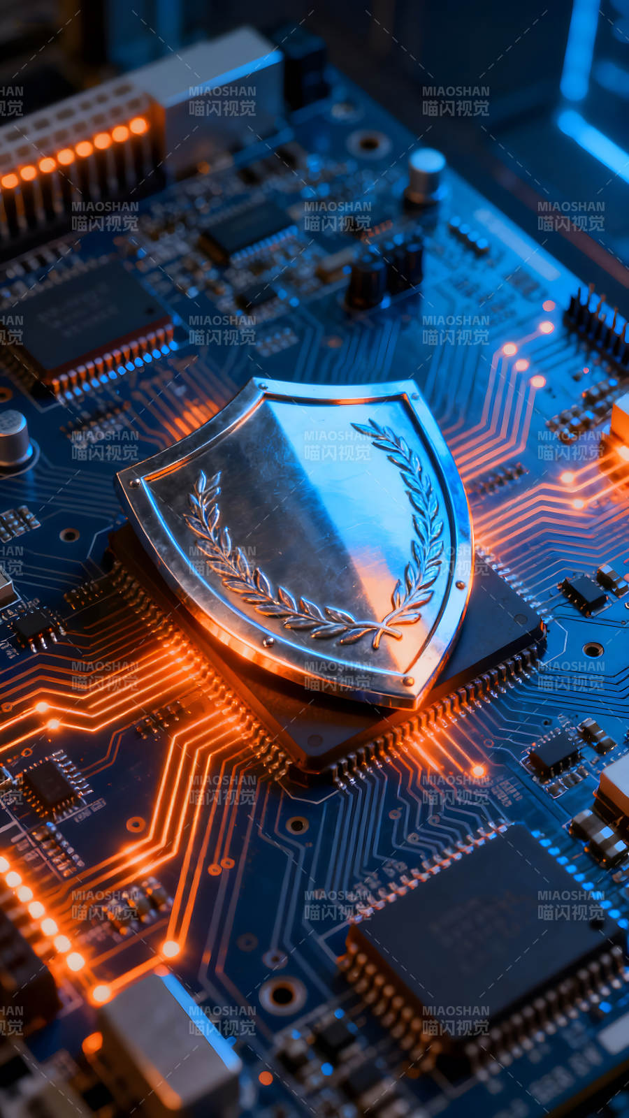 电路板上的金属盾牌科技感图片