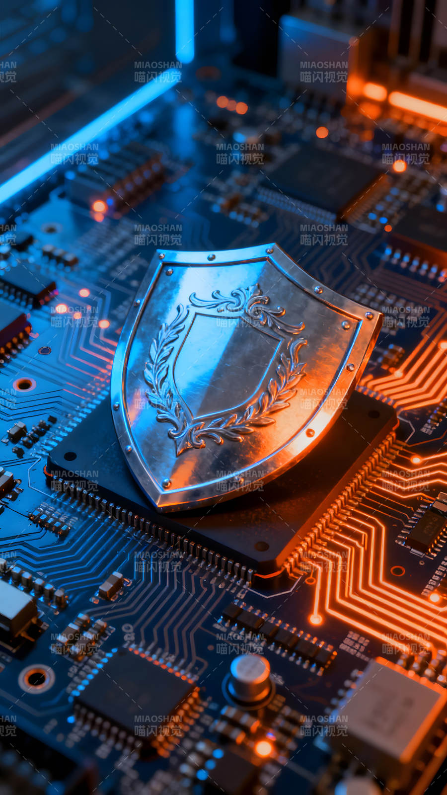 电路板上的盾牌象征安全图片
