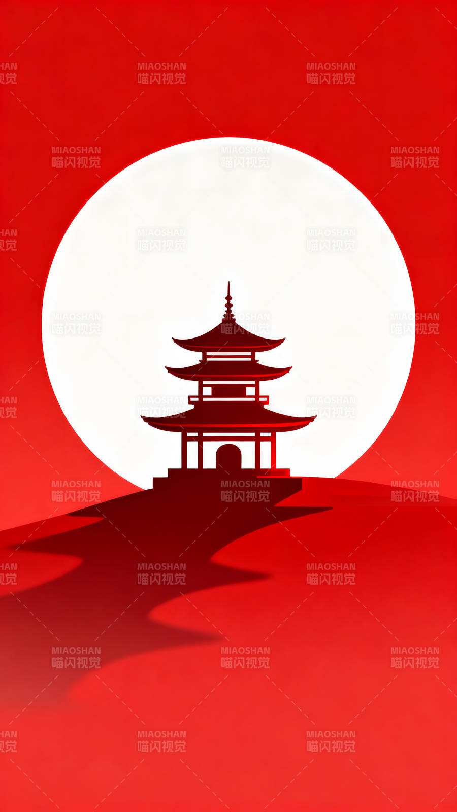 红色背景下的日式塔楼剪影图片