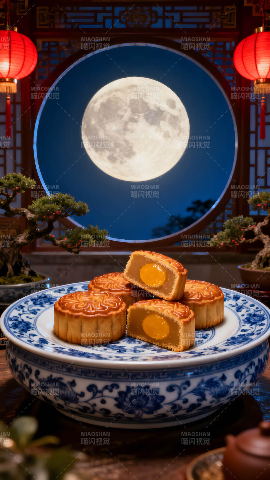 月饼与圆月的中秋节图片