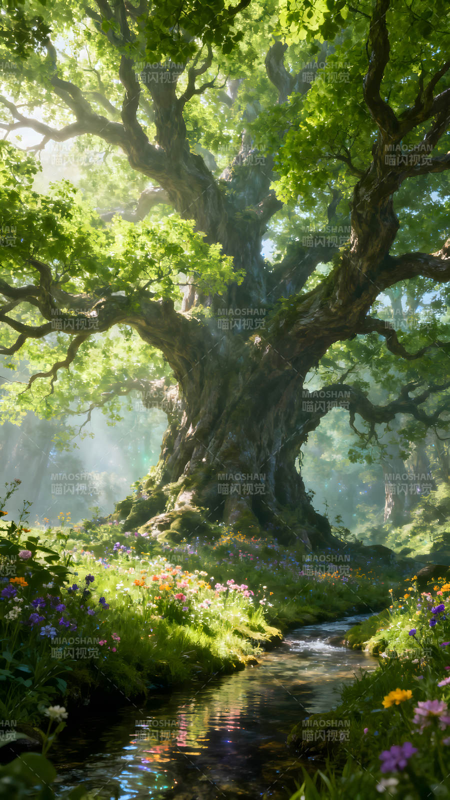 古树下的梦幻森林小溪图片