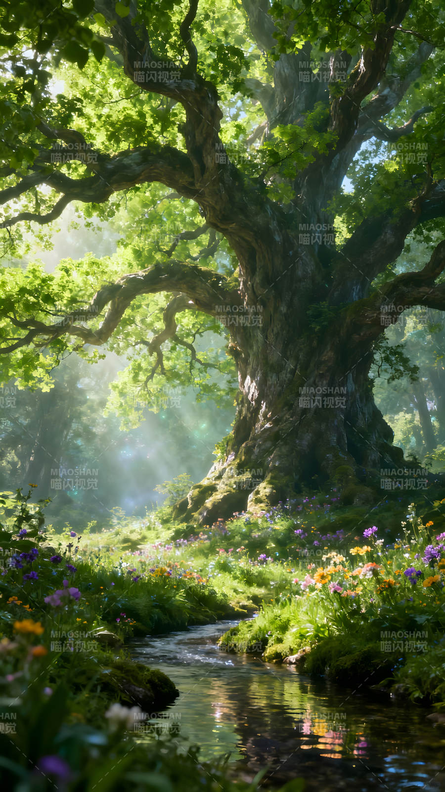 茂密森林参天大树溪水潺潺图片