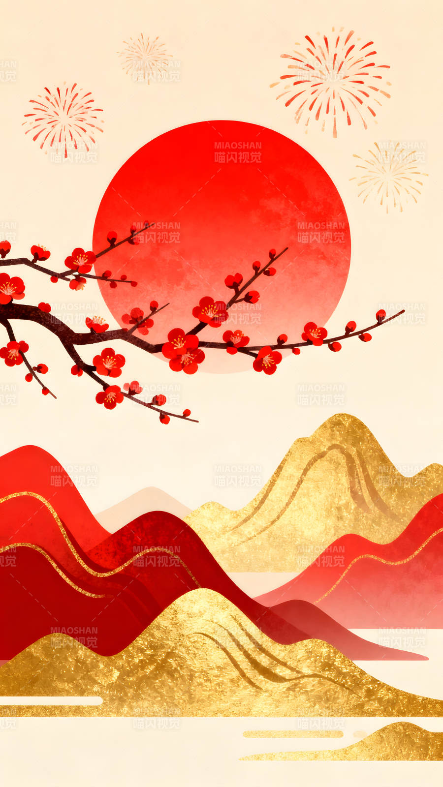 日出梅花山水风景画图片