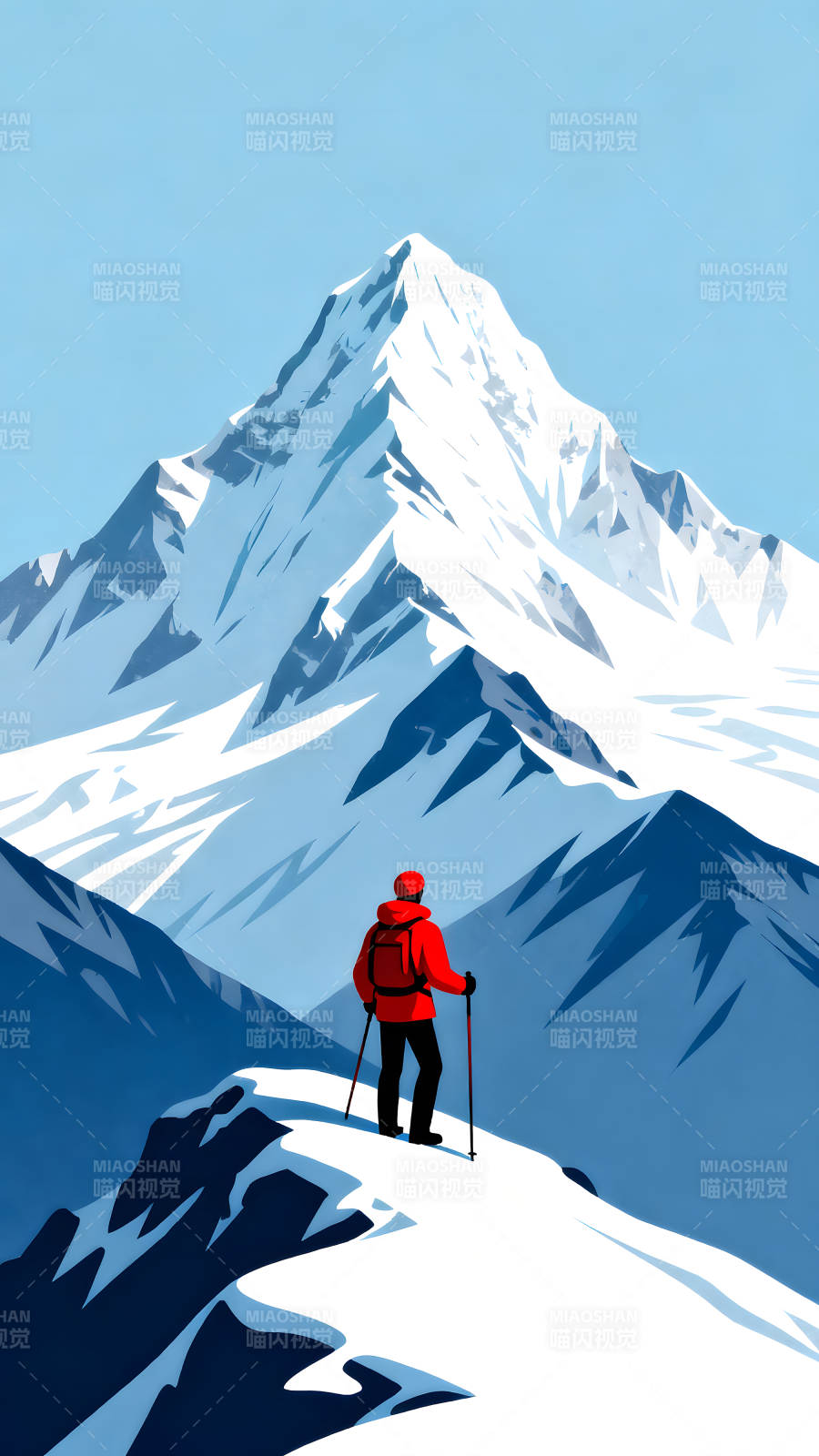 登山者欣赏雪山景色图片