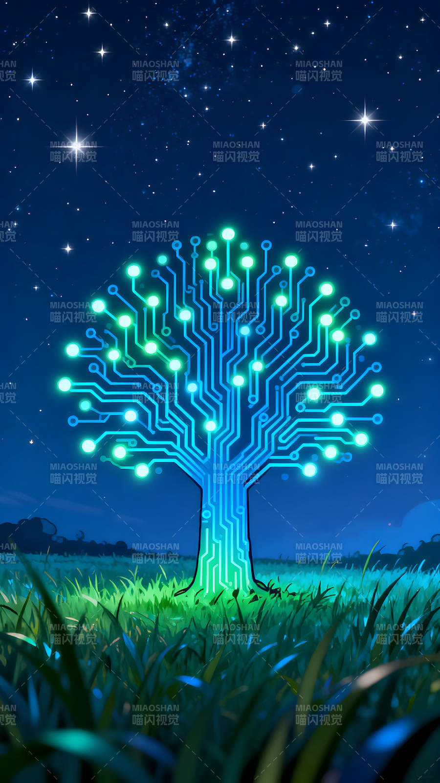 电路树星空下的夜晚景象图片